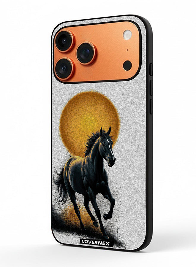 Apple iPhone 17 Pro Max Protective Case Cover Printed Featuring Galloping Horse with Sunset Backdrop