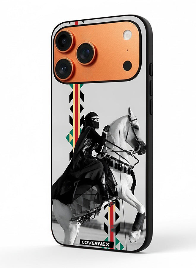 Apple iPhone 17 Pro Max Protective Case Cover Printed Featuring Woman on Horseback with Sadu Accents