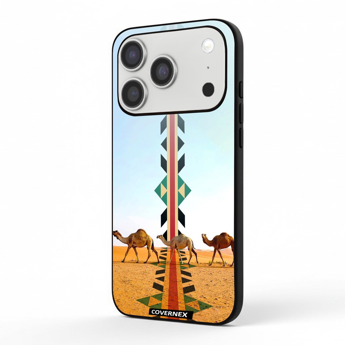 Apple iPhone 17 Pro Protective Case Cover Printed Featuring Camel Silhouette with Vertical Sadu Pattern