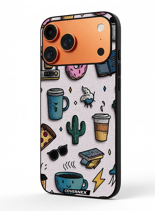 Apple iPhone 17 Pro Max Protective Case Cover Printed Featuring Coffee and Snacks Doodle Pattern