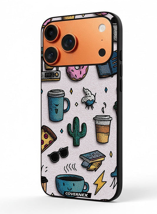 Apple iPhone 17 Pro Max Protective Case Cover Printed Featuring Coffee and Snacks Doodle Pattern