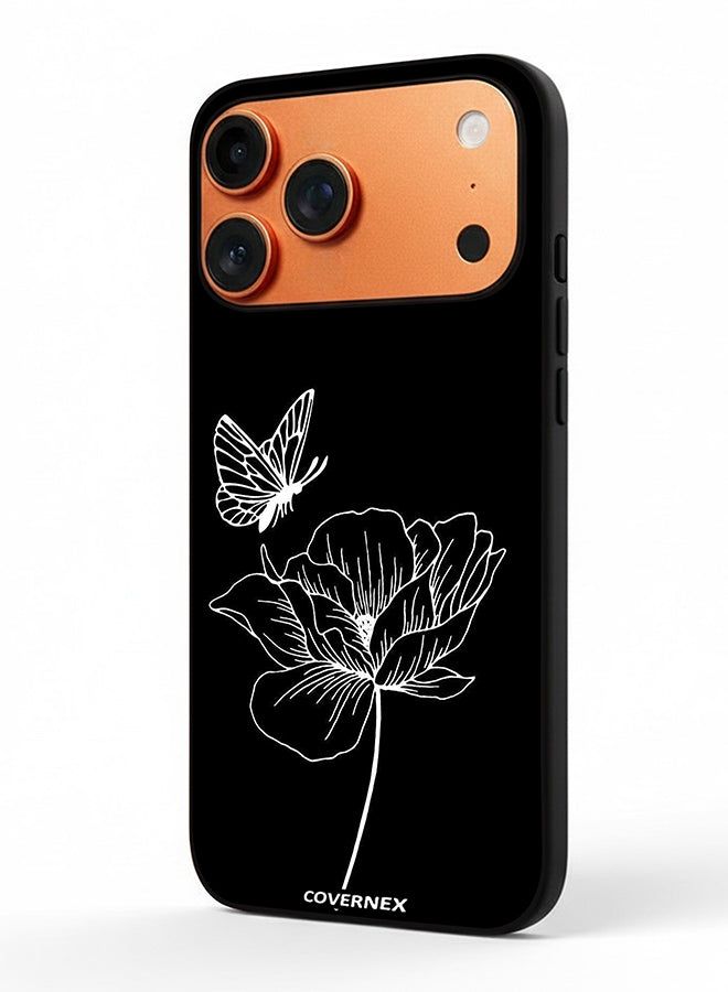 Apple iPhone 17 Pro Max Protective Case Cover Printed Featuring Minimalist Butterfly and Bloom Line Art