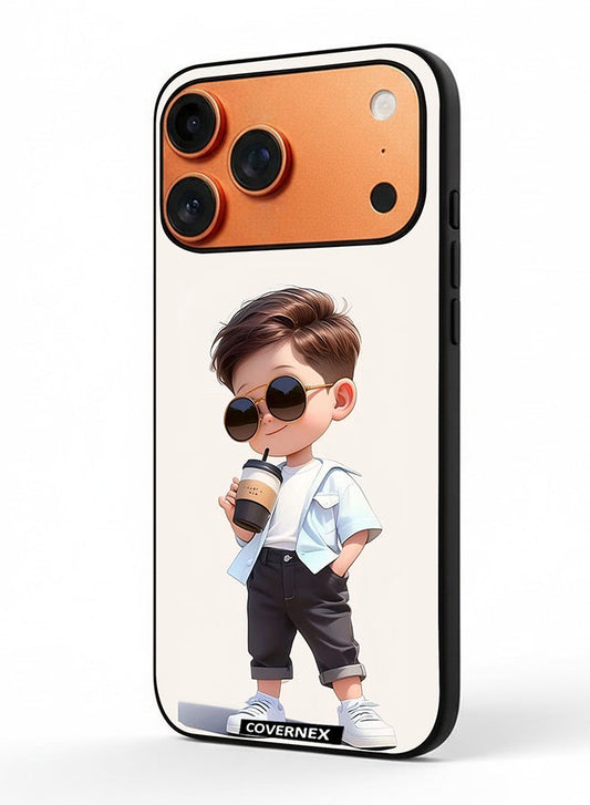 Apple iPhone 17 Pro Max Protective Case Cover Printed Featuring Cool Kid with Sunglasses and Coffee