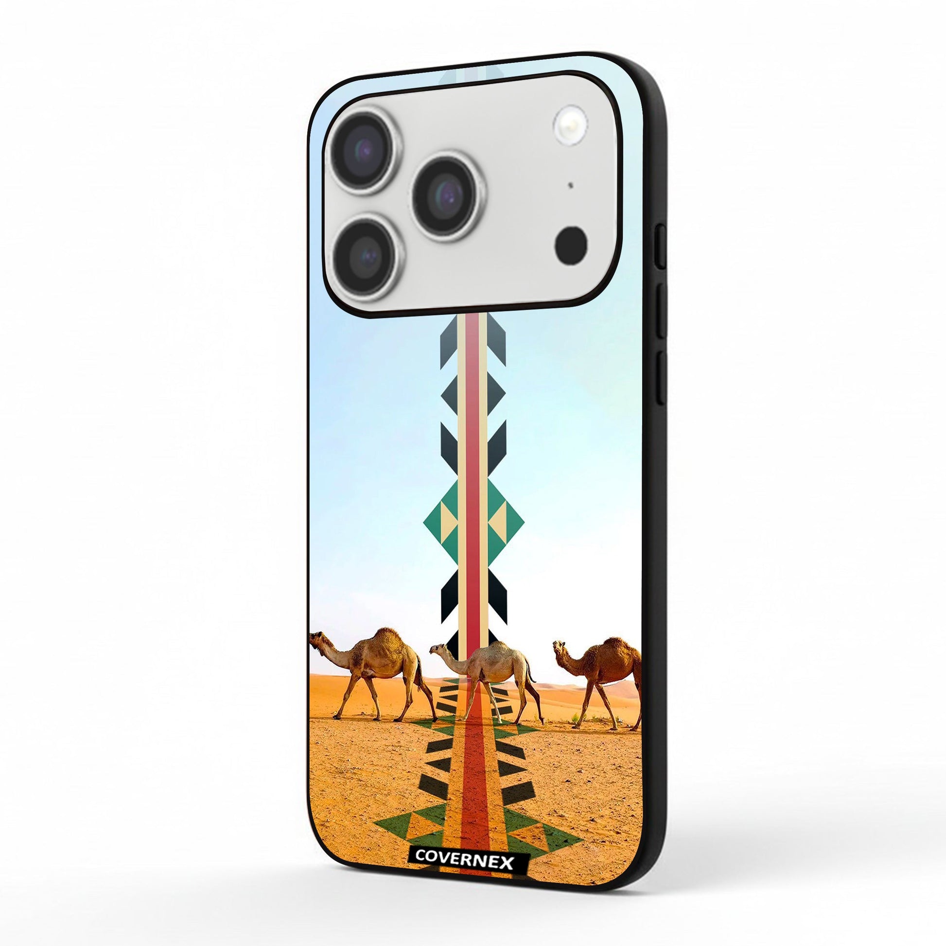 Apple iPhone 17 Pro Protective Case Cover Printed Featuring Camel Silhouette with Vertical Sadu Pattern