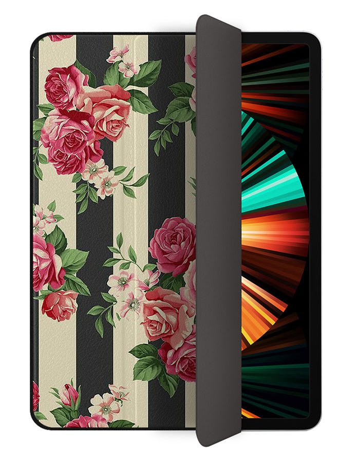 Apple iPad Pro 12.9 (2021) Case Cover Roses Bunch White Black Strips Pattern