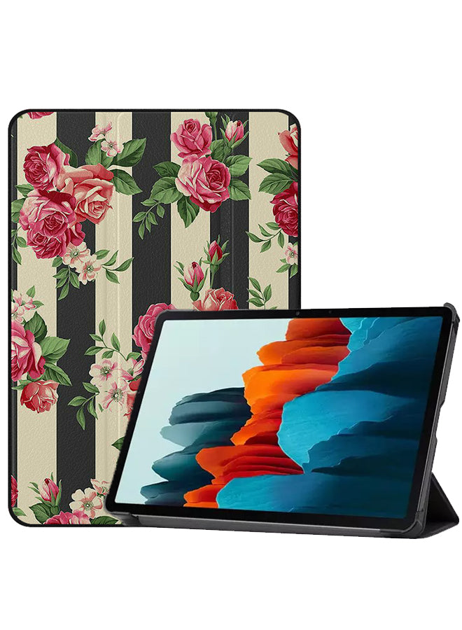 Samsung Galaxy Tab S8 Case Cover Roses Bunch White Black Strips Pattern