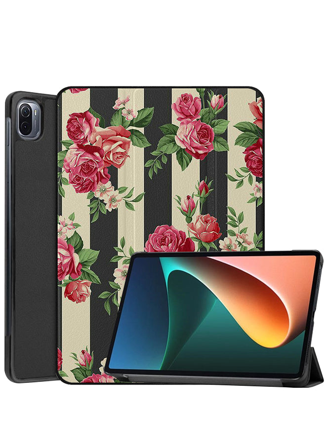 Xiaomi Pad 5 Case Cover Roses Bunch White Black Strips Pattern